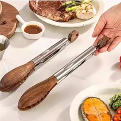 ステンレス鋼フードクリップ 9inch 12inch バーベキューバーベキュークリップビュッフェバーベキュークリップ梅の花ヘッドクルミ木製フードクリップ