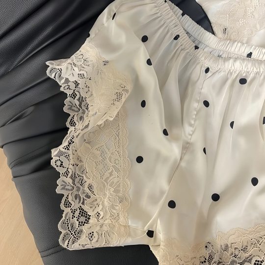 Korean Style Pajamas Women's Summer Thin Ice Silk Sling Shorts suit Sweet Style Dot Lace Nightgown Home Clothes