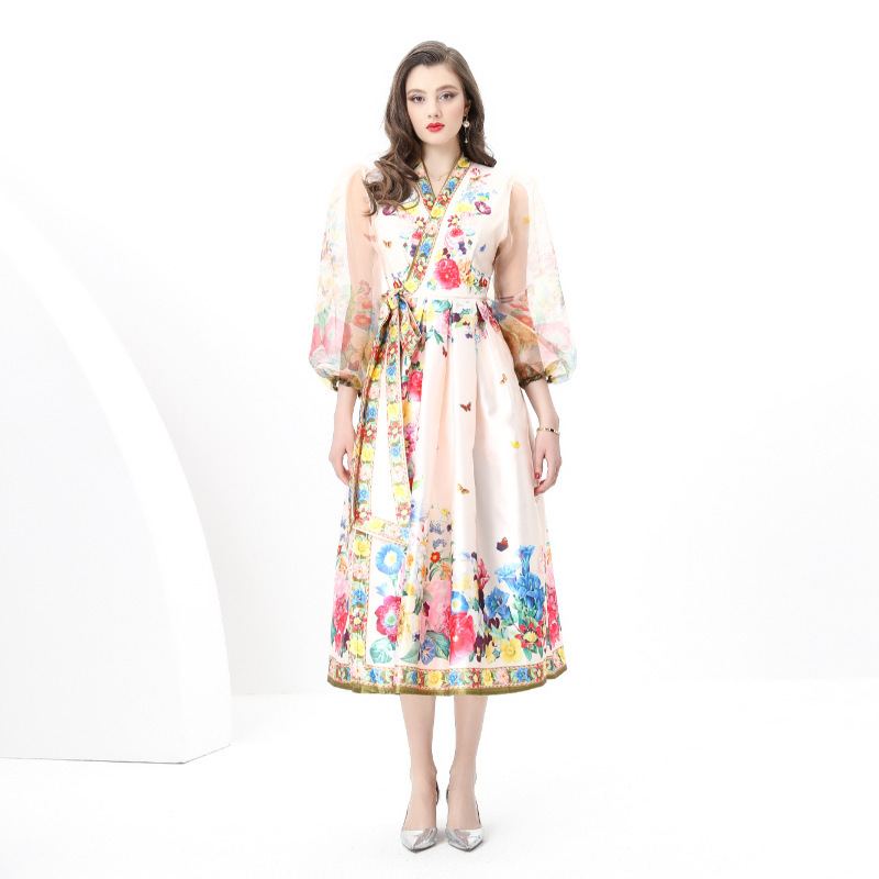 2025 Early Spring - Elegant and Fashionable Vacation Wrap Tie Style V-Neck Lantern Sleeve Long Vintage Print Dress