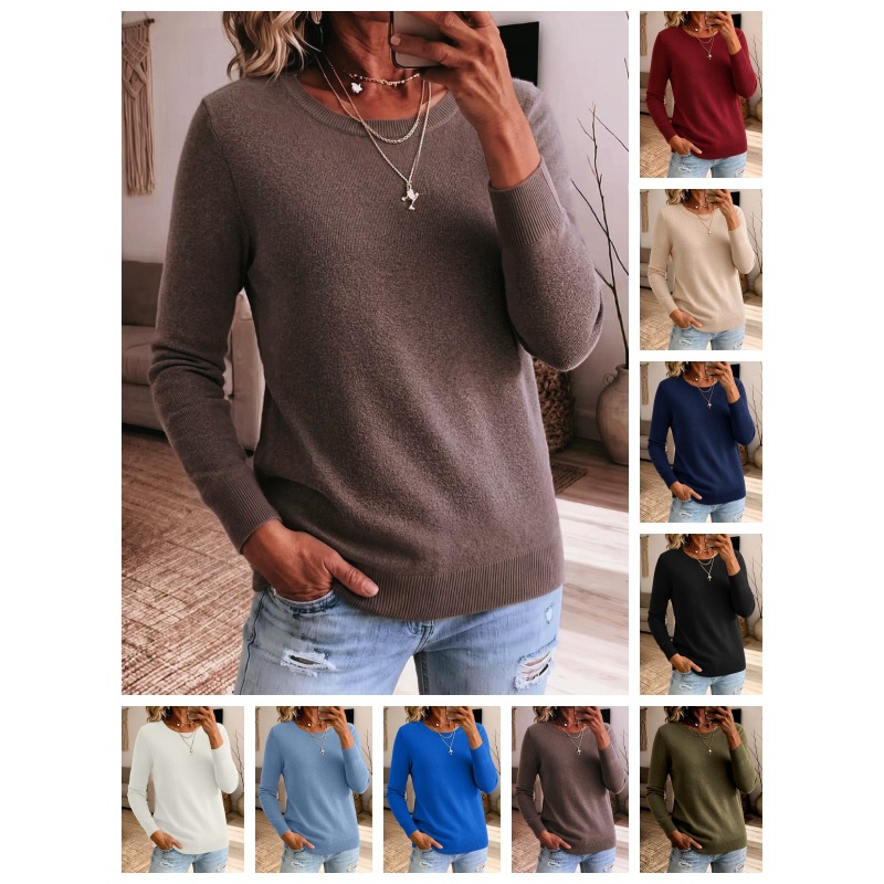 European and American Style Foreign Trade New Amazon Straight Shoulder Crew Neck Solid Color Casual Pullover Long Sleeve Women's Wool Knit Sweater