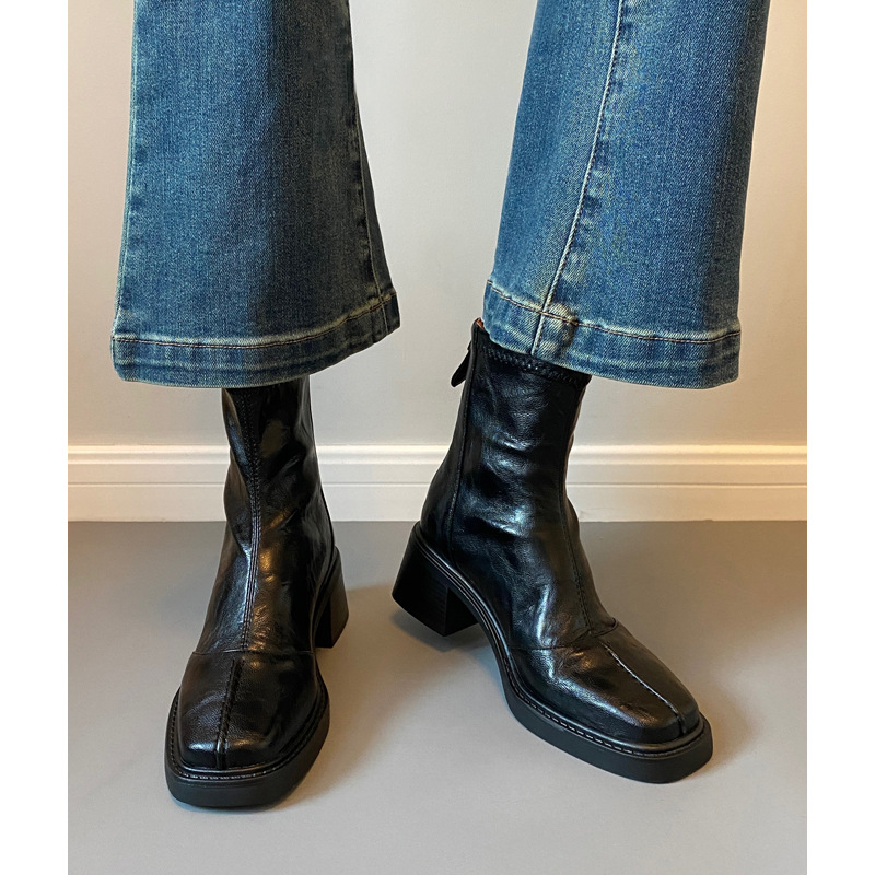 [Ready Stock] High-Heeled Square-Toe Short Boots, Boots for Women, Spring and Autum Single Boots, Back Zipper Short Boots, Women's Thick-Heeled Boots