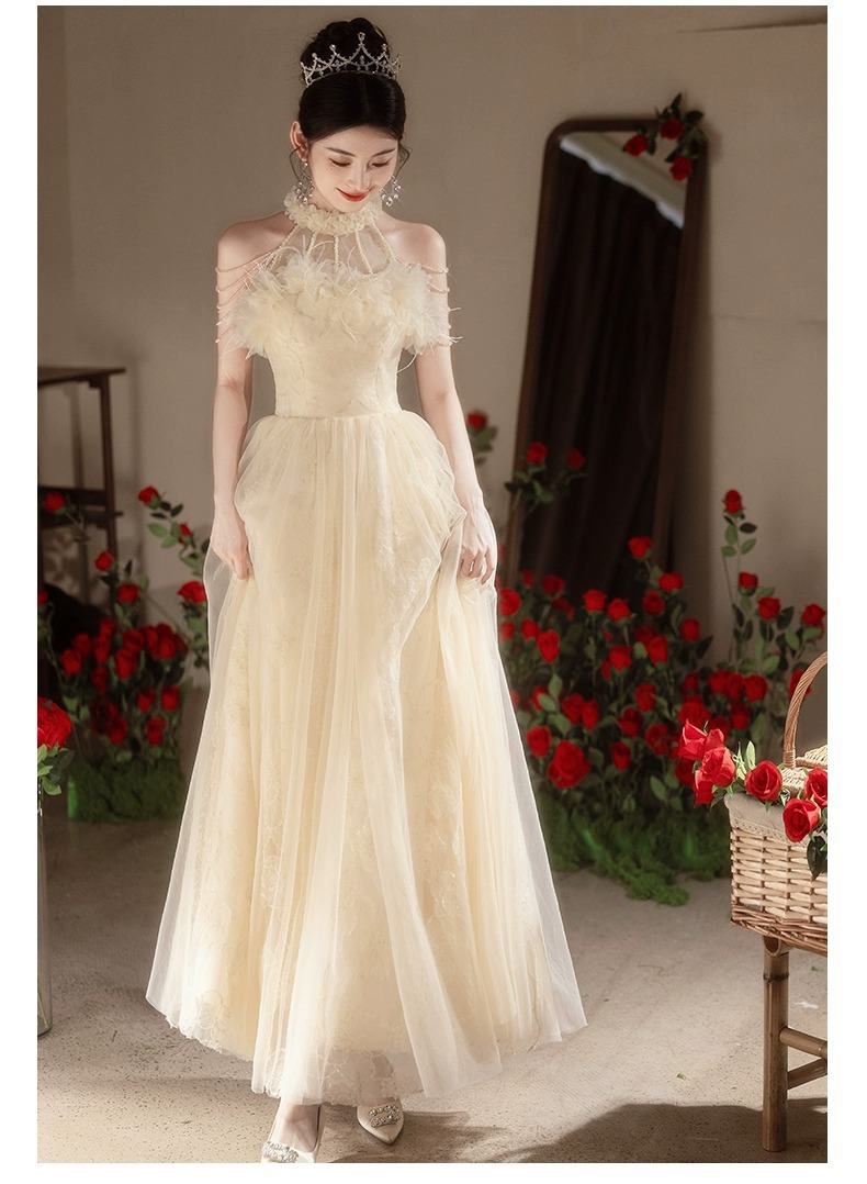 Elegant Champagne Colored Evening Gown New Style Long Dress For Women Suitable For Engagement Understated Luxury Ethereal Beauty_ecoleips.com