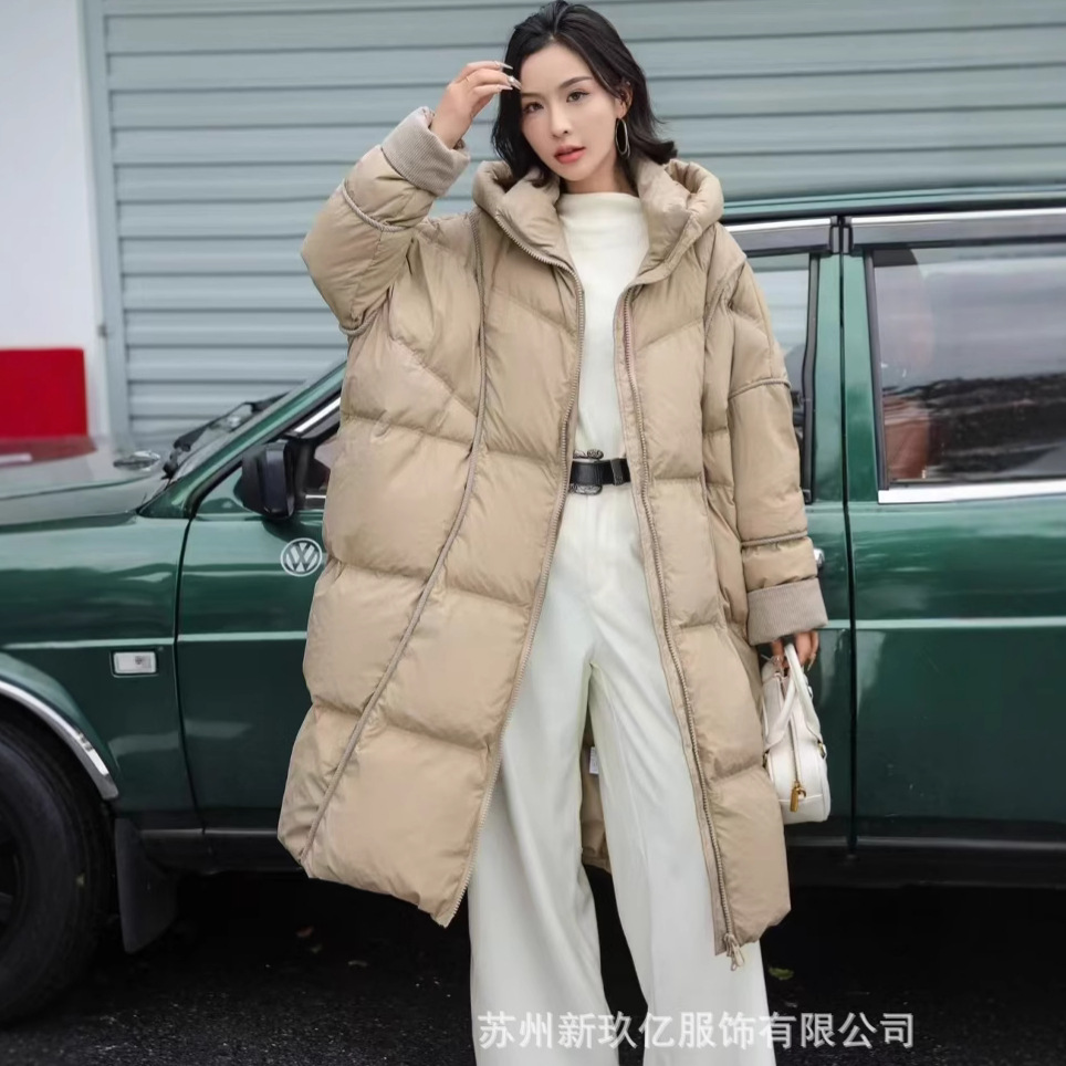 2024冬季款韩系宽松大码茧型连帽羽绒服外套女长款过膝加厚面包服