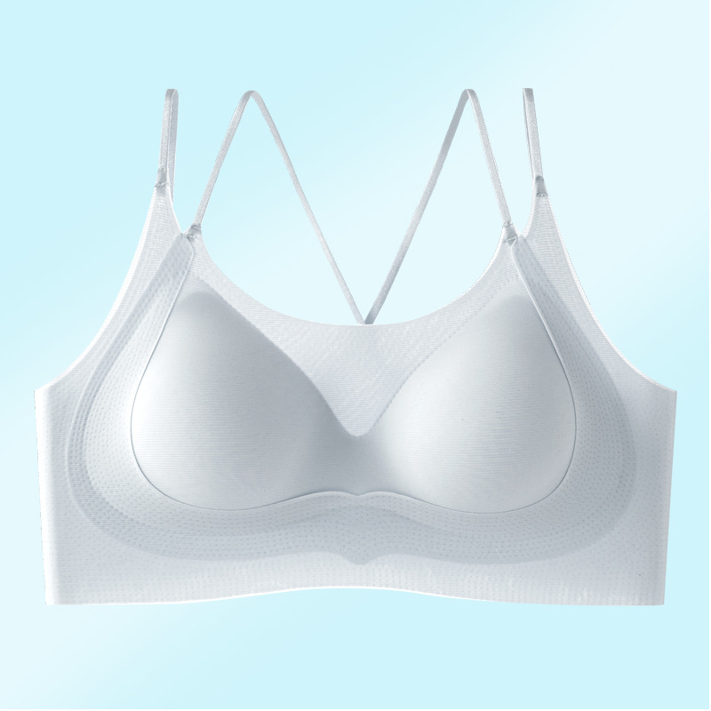 Estilo delgado, espalda cruzada, doble correa para el hombro, ropa interior, camisola de copa fija de seda de hielo para mujer, sujetador de soporte superior sin anillo de acero