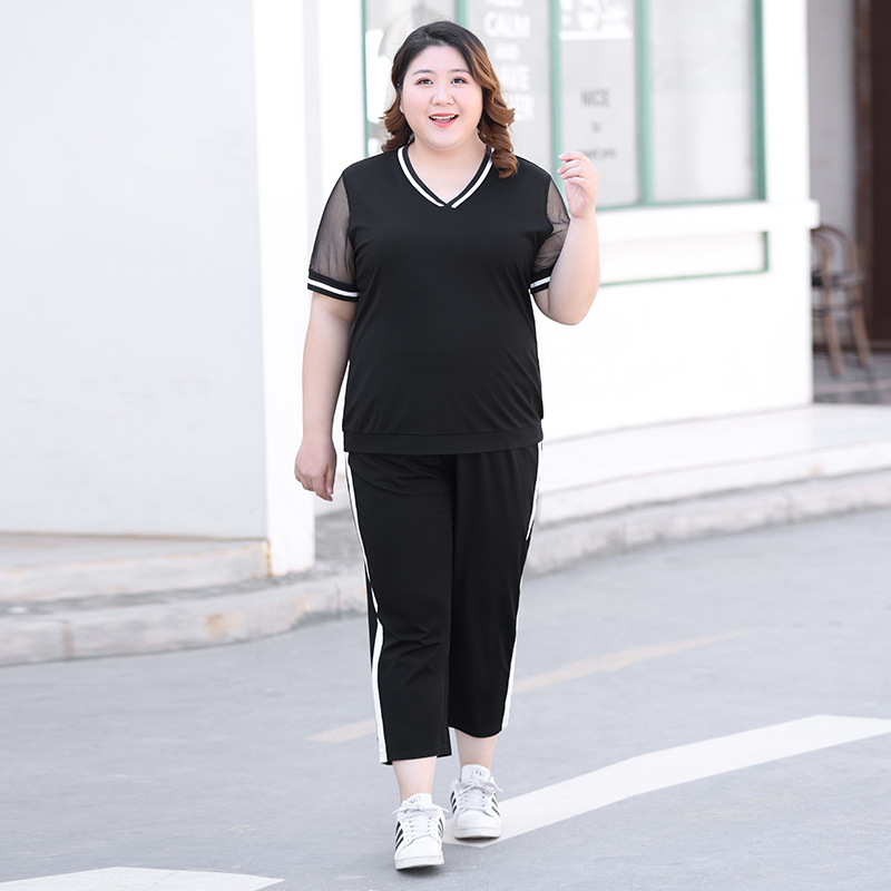大码女装V领短袖T恤九分裤休闲运动套装胖MM宽松显瘦上衣两件套装