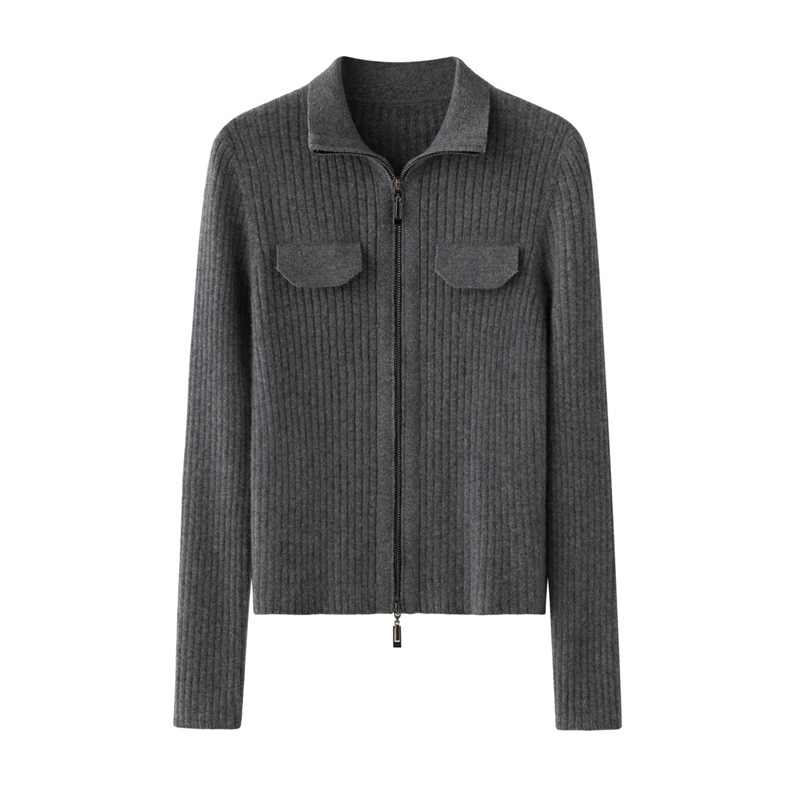 山羊绒针织开衫女款高领修身双头拉链胸前假口袋外套秋冬纯色毛衣