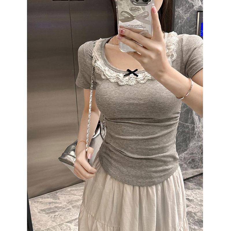 Pure Desire Style Modal Lace Short Sleeve T-Shirt for Women with Lace Collar and Bow, Summer Ruched Waist Slimming Top Pure Desire Style Modal Lace Short Sleeve T-Shirt for Women with Lace Collar and Bow, Summer Ruched Waist Slimming Top