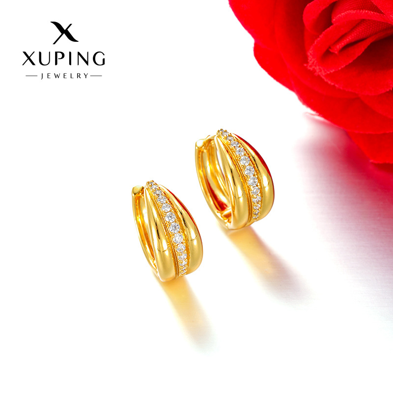 Xuping aleación de cobre chapado 24k color arco geométrico incrustado una sola fila de zircon ligero lujo atmósfera europea y americana orejas