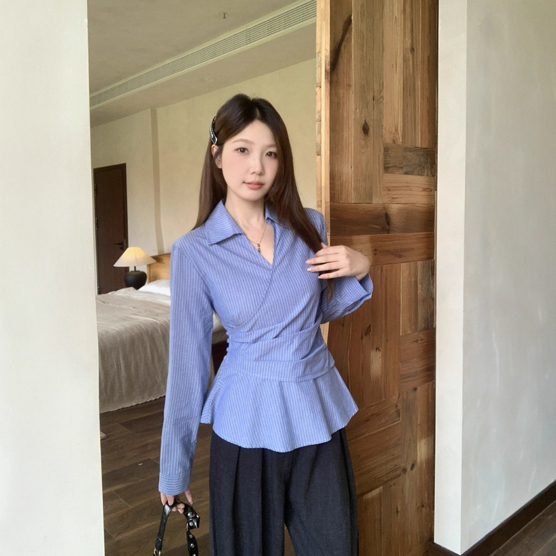 2025 Plus Size Fat mm Autum New Korean Style Side Button Waist Slimming Look Shirt Stripesd Versatile Top