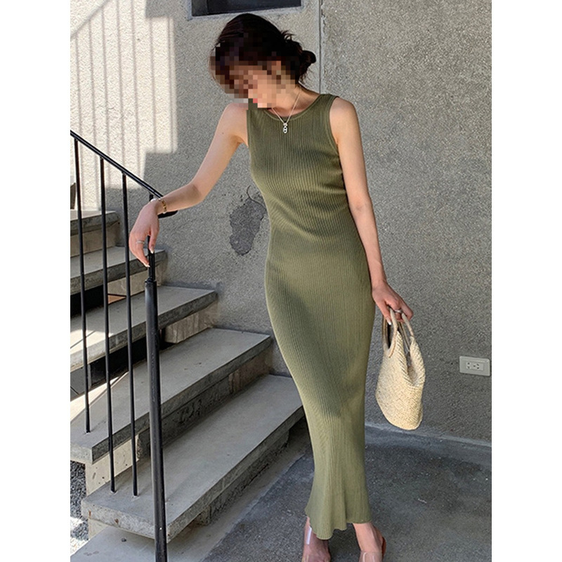 Solid Color Sleeveless Knitted Dress with Open Back, Sexy and Slim-Fitting, Hip-Hugging Tank Top Long Dress for Women in Summer