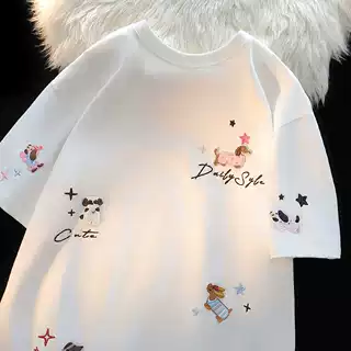 美式慵懒chic刺绣小狗短袖t恤女纯棉夏季情侣宽松ins半袖可爱上衣