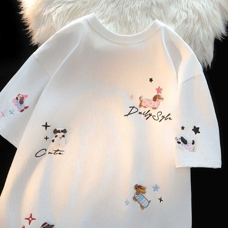 American Style Lazy Chic Embroidered Puppy Short-sleeved T-shirt Women's Pure Cotton Summer Couple Loose Ins Half-sleeved Cute Top
