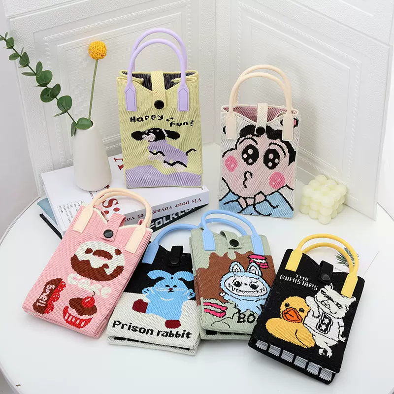 高级感手机包新款卡通针织多巴胺手拎配色手提包百搭单肩斜挎包