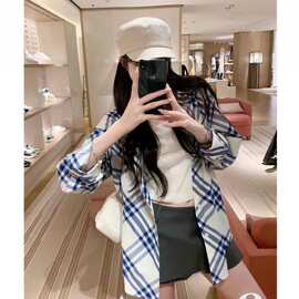 海边度假蓝白格子Polo领防晒衬衫女春夏外搭慵懒风宽松开衫上衣薄