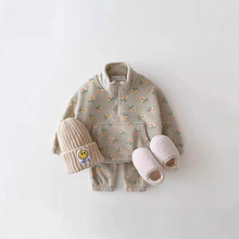 童套装韩版男女童休闲秋冬保暖加厚立领碎花拉链洋气婴幼童裤套装