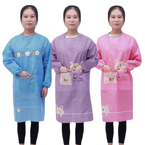 Cartoon adult apron for men and women, household kitchen anti-dirty and oil-proof long-sleeved smock with logo printing.