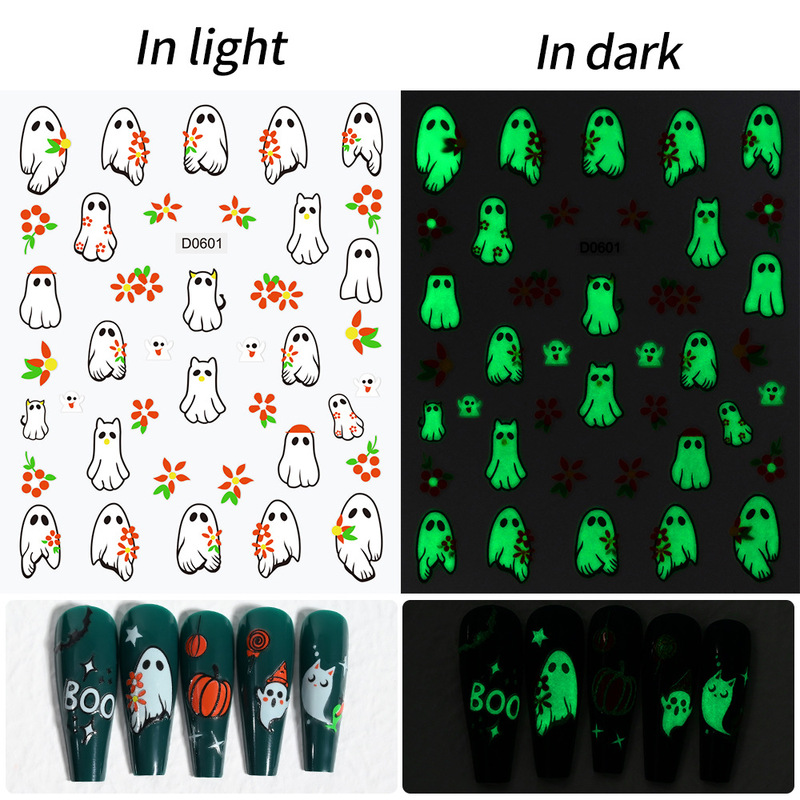Cross-Border New Halloween Nail Art Stickers Luminous Cartoon Funny Ghost Skull Head Halloween Nail Accessories