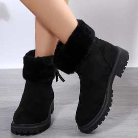 棉靴女2023冬季新款ebay跨境大码侧拉链中筒毛毛休闲保暖女鞋批发