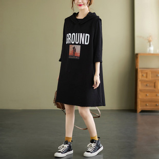 Real shot autumn new letter print sleeveless dress plus size loose casual retro hooded sweater dress