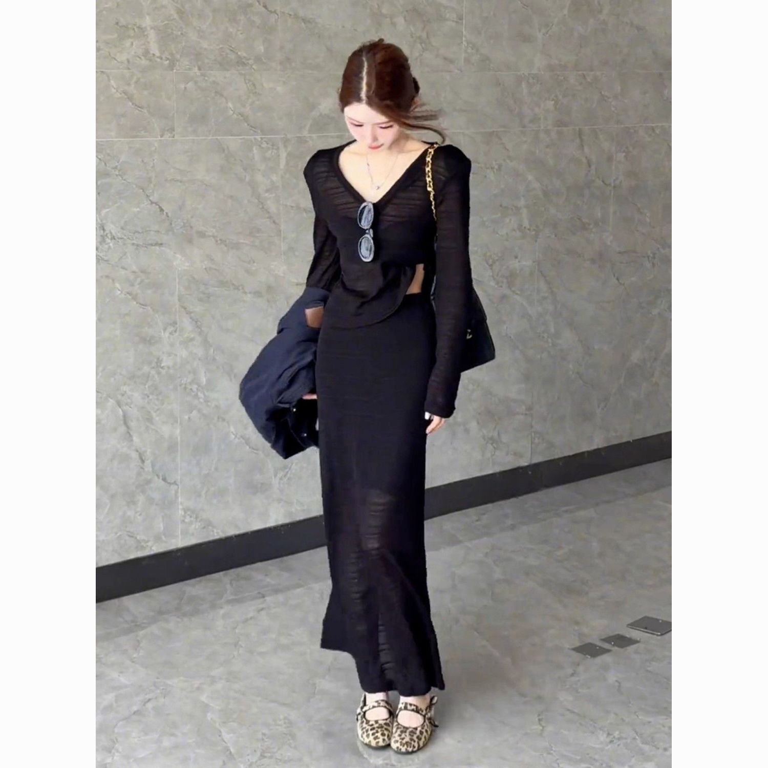 法式黑色连衣裙感两件套装女2025秋新款慵懒甜酷气质显瘦长裙