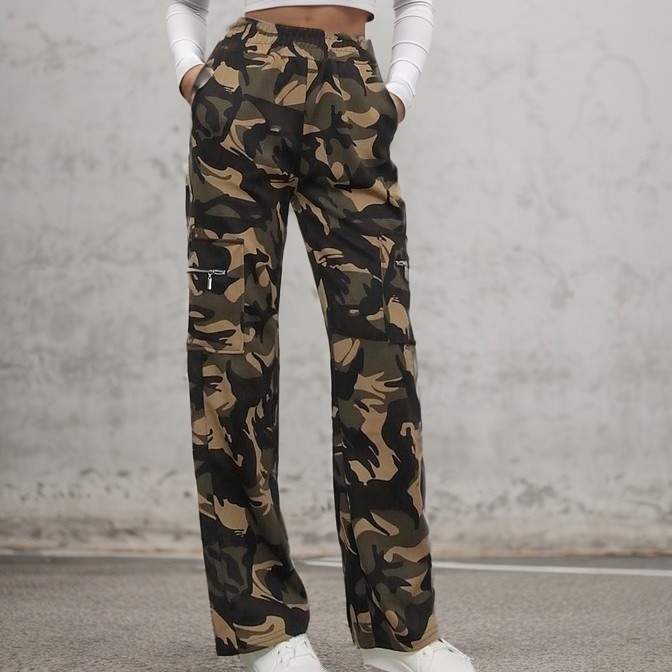 Trendy women's pants in stock camouflage trendy overalls pocket zipper trousers street loose straight pants mopping trousers