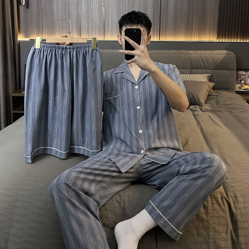 Pijamas de verano de alta calidad para hombres primavera y otoño tres piezas delgada seda de hielo de manga corta ropa para el hogar de seda juvenil