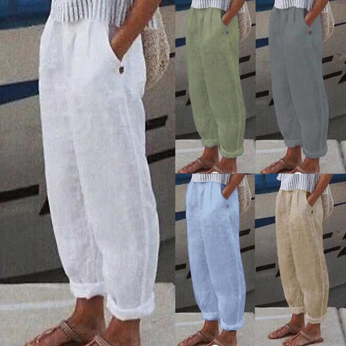 European and American Spring and Autumn Leisure Women's Long Pants, Cotton Linen Pouch Pocket Leisure Women's Pants