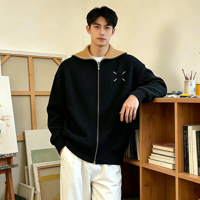 Margiela style Margiela stand-up collar cardigan, lapel knit sweater, MM6 sweater, leather zipper heavy coat