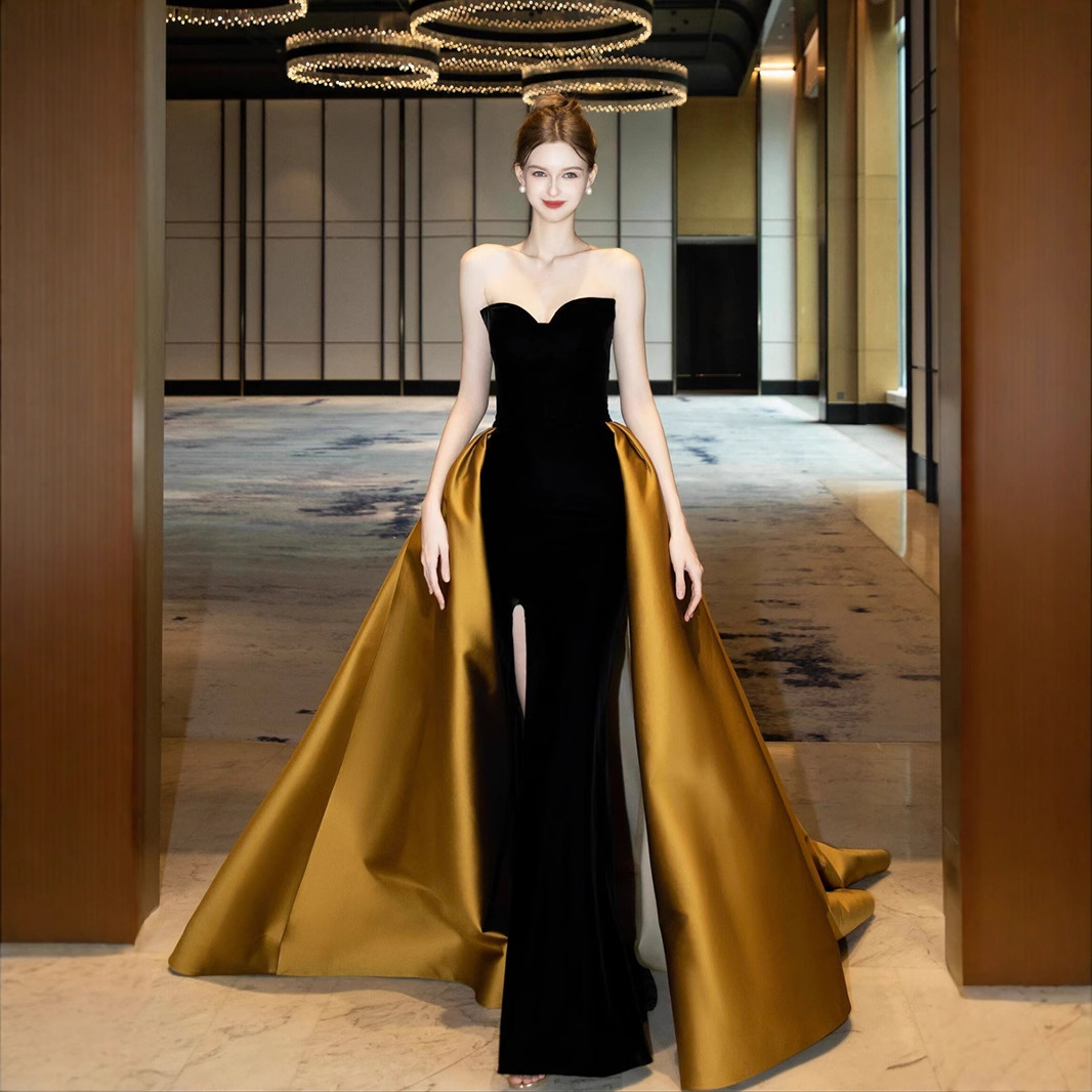 Black Strapless Evening Dress for Engagement, High-End Fashion, Elegant and Slimming Gown, Vintage Light Luxury Strapless Dress