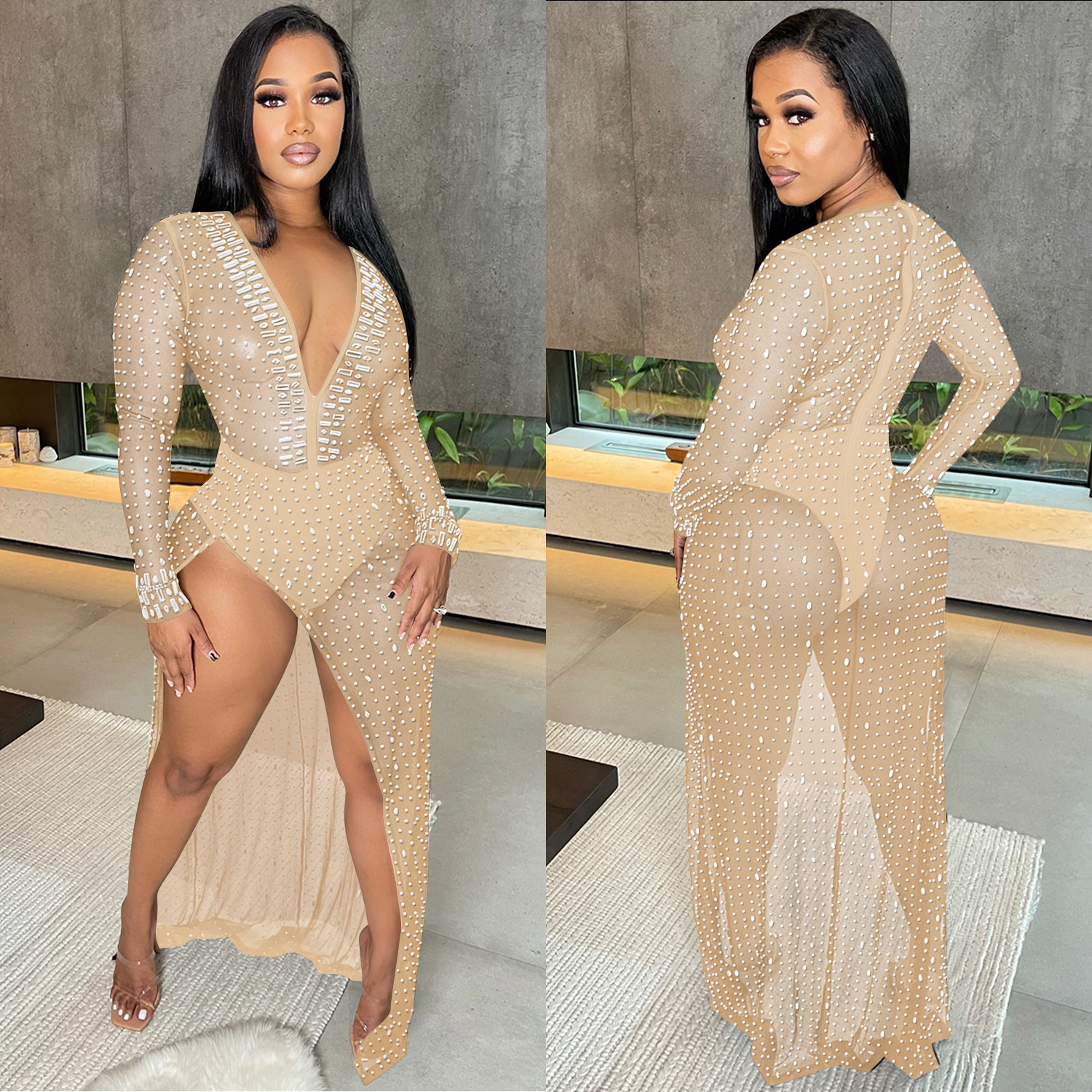 AliExpress Amazon europeo y americano de la moda las mujeres ropa discoclub caliente perforación profunda V manga larga split vestido mujeres image 3