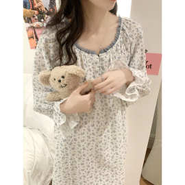 韩国ins女士春装新款韩版棉纱花朵花边连衣裙家居服睡衣长袖长裙