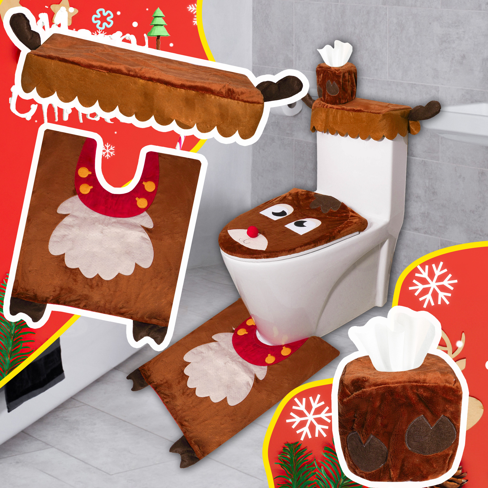 Transfronterizo nueva decoración de Navidad ardilla inodoro cubierta piso estera Baño de cuatro piezas Decoración