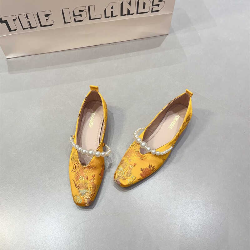 Thick-Heeled Shoes, Shallow Square Toe, New Chinese Style Shoes for Women, Beaded Elegant, Low-Heeled, Versatile Ethnic Style Spring and Autum Soft-Soled Shoes