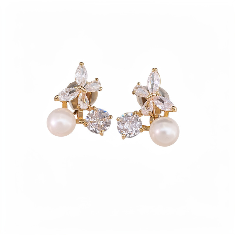 Oro real, mariposa de diamante, perla, orejetas para mujeres sin agujeros de orejas, orejetas para viajar, orejetas de lujo ligero, orejetas de alta calidad.
