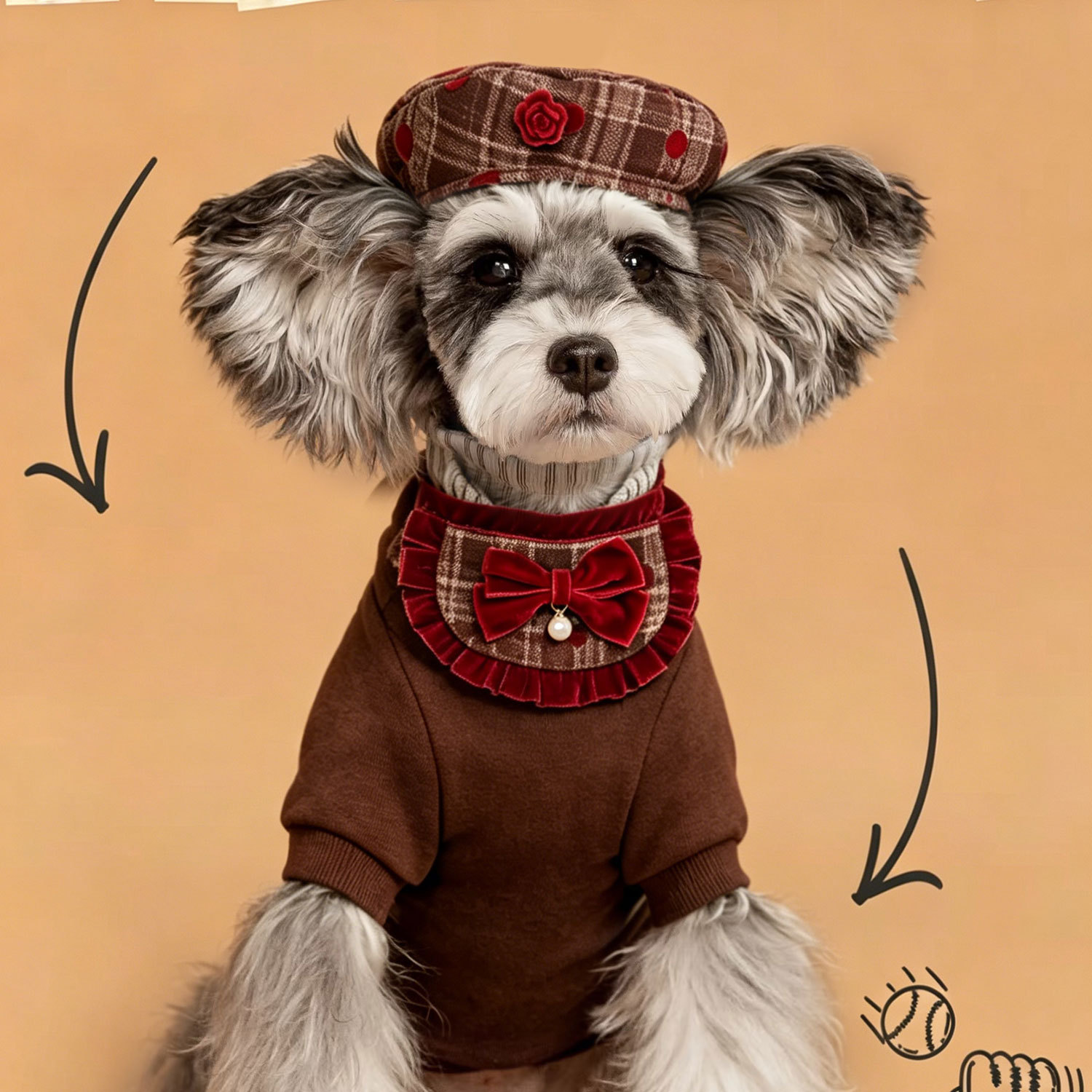 Mascotas de Año Nuevo de terciopelo de encaje bib gatos cachorros plaid flotilla flor arco cereza set sombrero boina