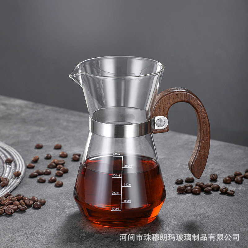 厂家供应高硼硅玻璃咖啡壶 手冲咖啡壶木柄咖啡分享壶 家用咖啡壶