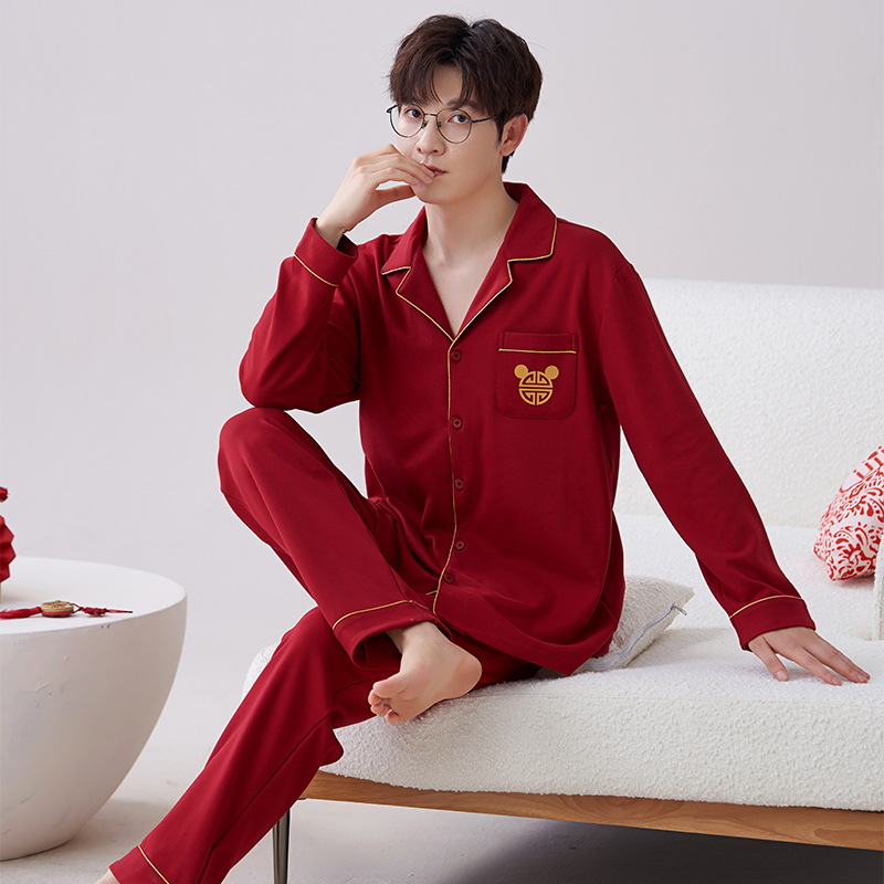 Pijamas hombres primavera y otoño algodón manga larga rojo brillante año animal algodón fino otoño primavera y verano ropa para el hogar