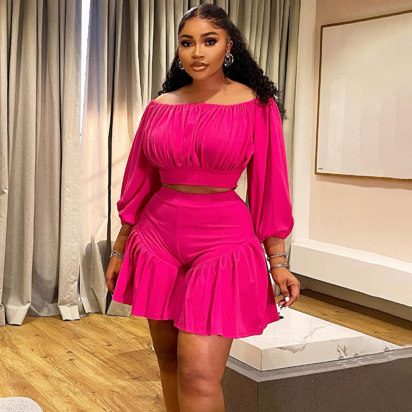 350g Weight Long Sleeve Sleeve Length Spandex, Polyester Fabric Type Shorts Co-ord Set Sets Type 2 Pieces Set Quantity Daily Occasion Off Shoulder Neckline Slim Fit Type Solid Color Pattern Summer Season Casual Style Daily Casual Solid Color Spandex Polyester Shorts Co-ord Set Plus Size Two-piece Sets 8