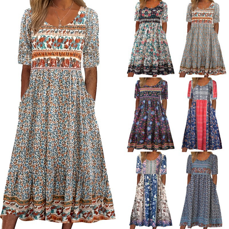 2024 European and American Amazon Summer New Women's Round Neck Short-Sleeved Long Skirt Bohemian Print Dress for Women 2024 European and American Amazon Summer New Women's Round Neck Short-Sleeved Long Skirt Bohemian Print Dress for Women