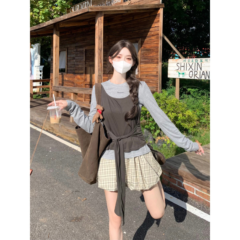 日系学院风绑带背心字母刺绣T恤格纹花苞裙三件套女辣妹短裙套装|undefined