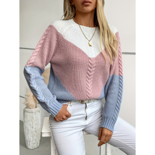 N 14432 Color block cable knit sweater ײɫ�g�����^ë��