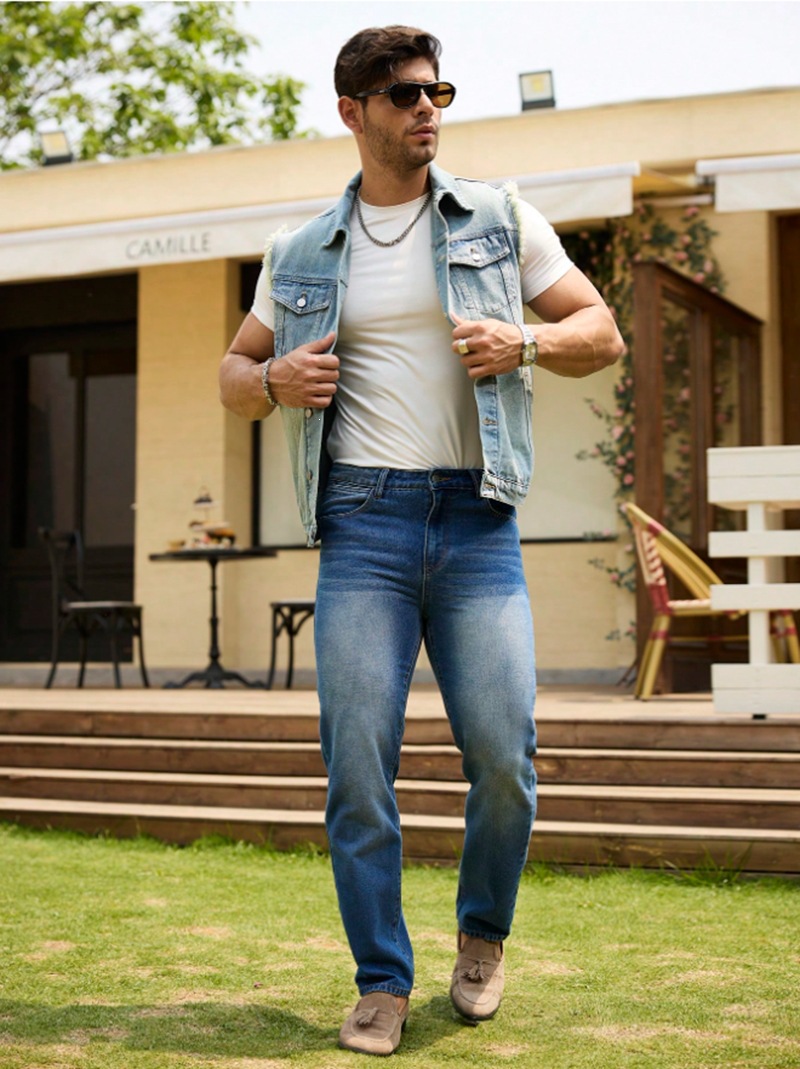 Men's Denim Jacket Style Fashion Street Short Sleeve Vest Frayed Edges_viptrois.com