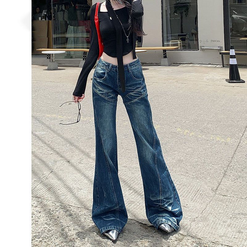 Chic Design Flared Pants Autumn Women's Leg Straight Loose Micro-Lar Jeans Korean Style Trendy Dipped Pants