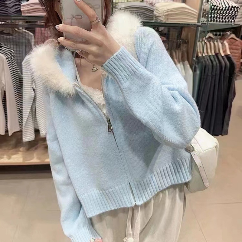 Cross-border coreano retro otoño invierno jersey de punto mujeres relajado casual versátil de manga larga cuello con capuchón suéter chaqueta mujer