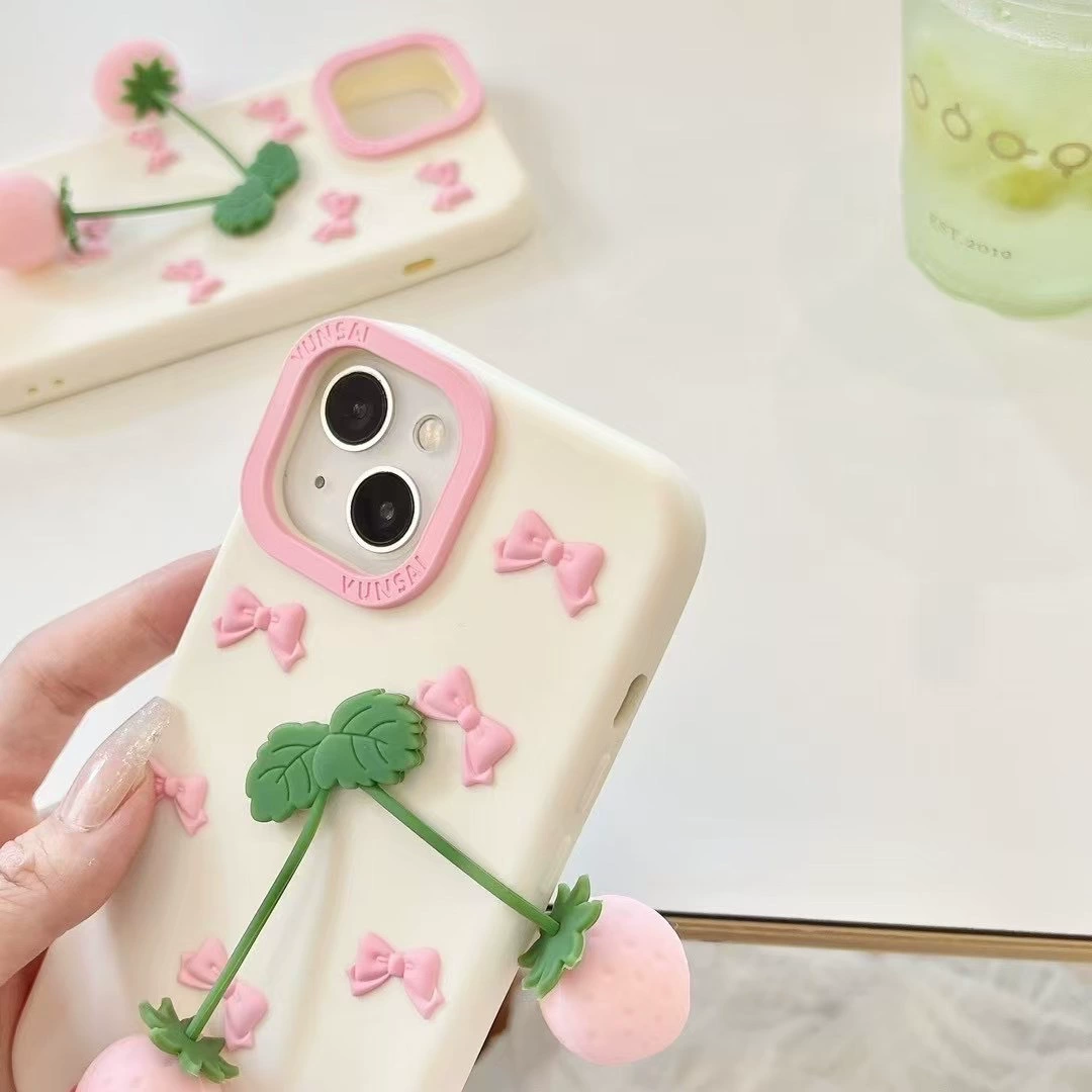Яблоко, трехмерная кремовая клубника с бантом, подвеска, совместимо с iPhone 16, iPhone 15 Pro, чехол для телефона, iPhone, 15