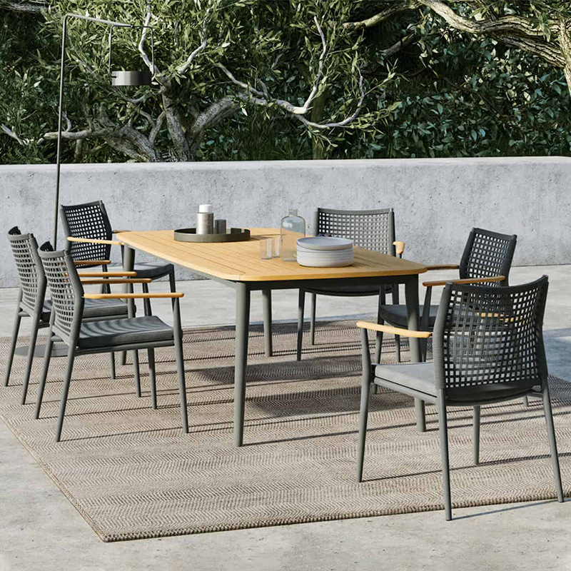 Mesas y sillas de ratán para exteriores, muebles de ocio impermeables y resistentes al sol para patio exterior, conjunto de mesa larga de teca para jardín o balcón de villa