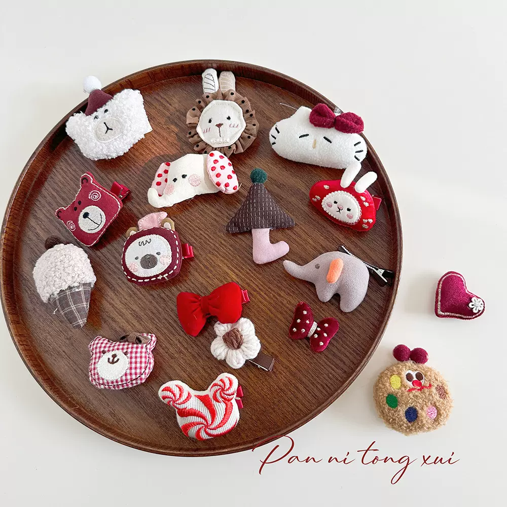 过年喜庆配件衣服包包卡通胸针玩偶辅料新年红色丝绒蝴蝶结发夹