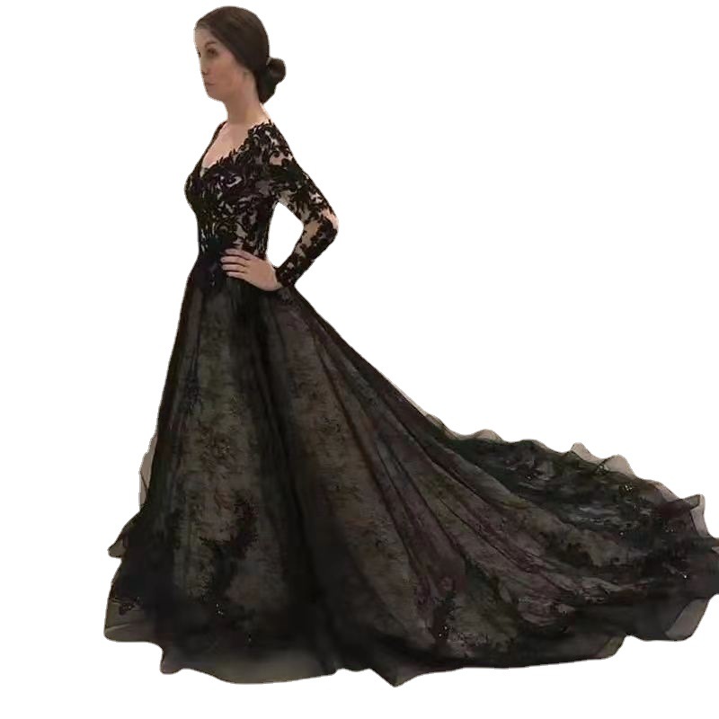 Damenbekleidung Schwarzes Spitzen-Abendkleid mit V-Ausschnitt und langen Ärmeln, Hochzeitskleid_voghion.com