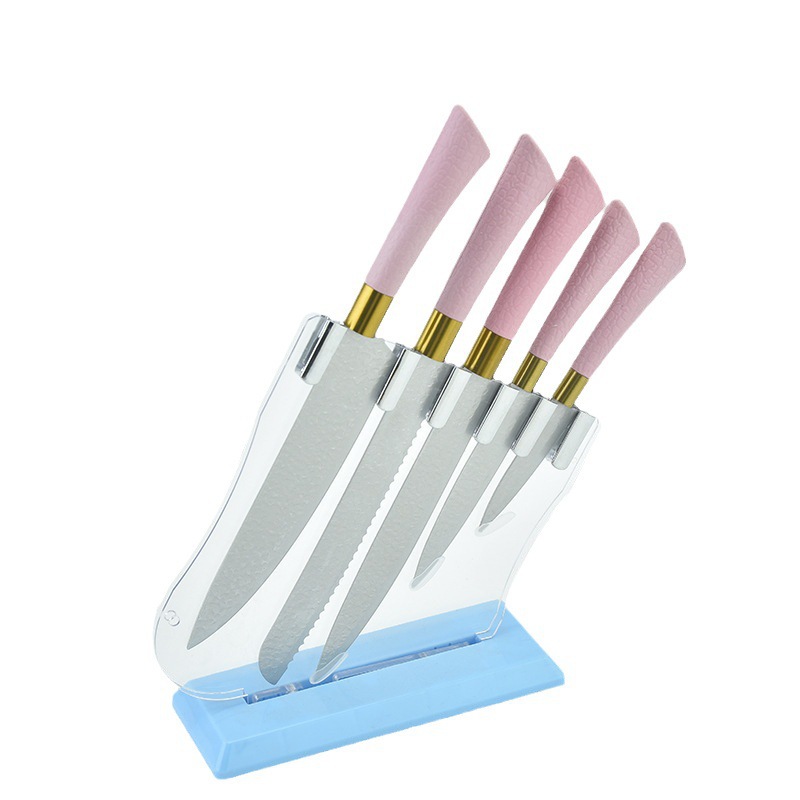 Cuchillo de acero inoxidable cuchillo de cocina mango de herradura patrón de martillo con asiento de cuchillo de pan de seis piezas cuchillo de fruta combinación traje de cuchillo