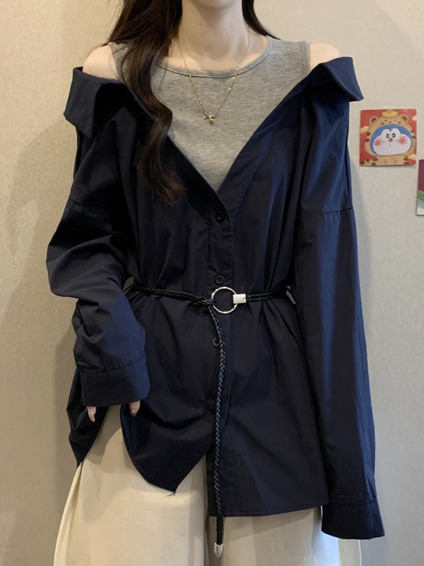 中长款系带收腰长袖衬衫女款春秋2025大码胖mm显瘦假两件露肩上衣|undefined